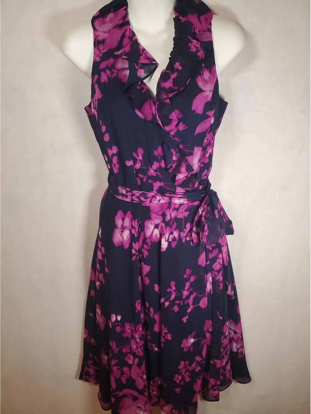 Vintage 90s Lauren Ralph Lauren Womens 2 Ruffled Faux Wrap Belt Dress